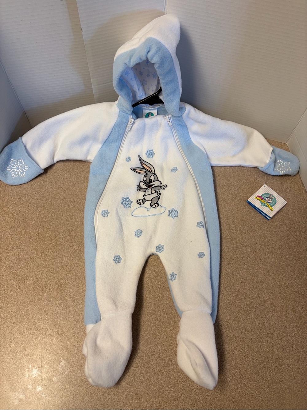 VTG 90s Baby Looney Tunes Bugs Bunny Fleece Snowsuit Bunting Blue White NWT 6M
